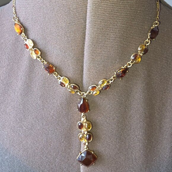 Vintage Gold Amber Pendant - Etsy Vintage 90s Brown Amber Gem Gold Toned Statement Necklace